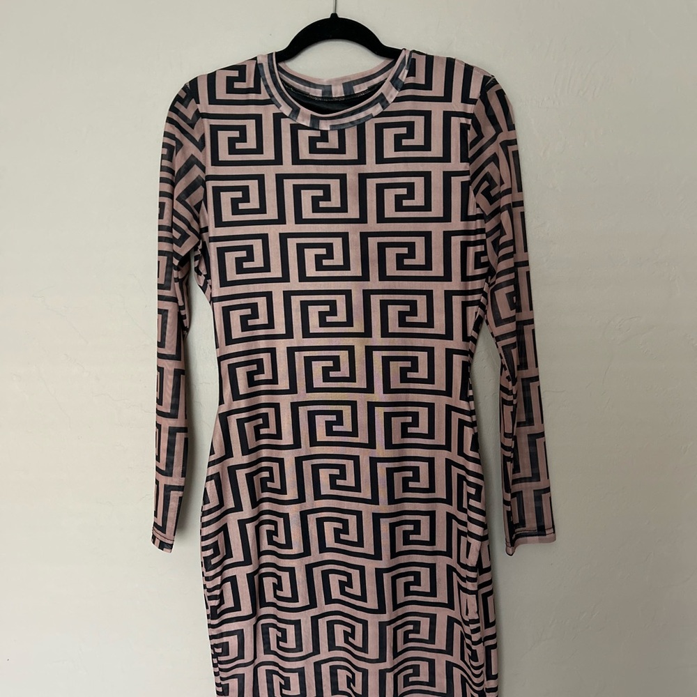 Geometric Patterned Black and Mocha Dress